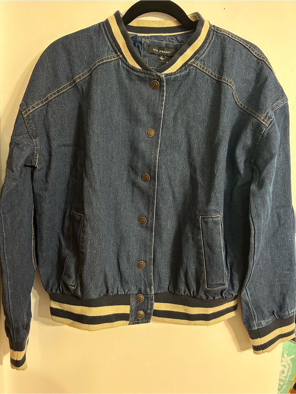 Blu Pepper Denim Bomber Jacket with Stripe Trim NWT